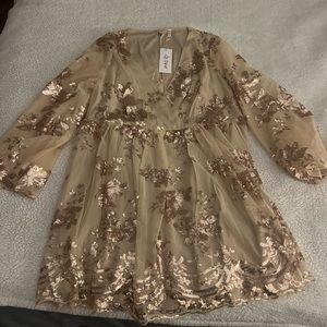 NWT D&M Plus Floral Print Flounce Sleeve Sequin Dress, apricot, size 1XL